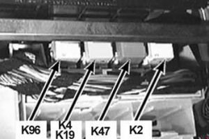 Relais-Anordnung hinter dem Handschuhfach für die Getriebesteuerung GM5.