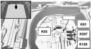 Relais im Kofferraum des BMW E61 für die Sekundärluftpumpe.