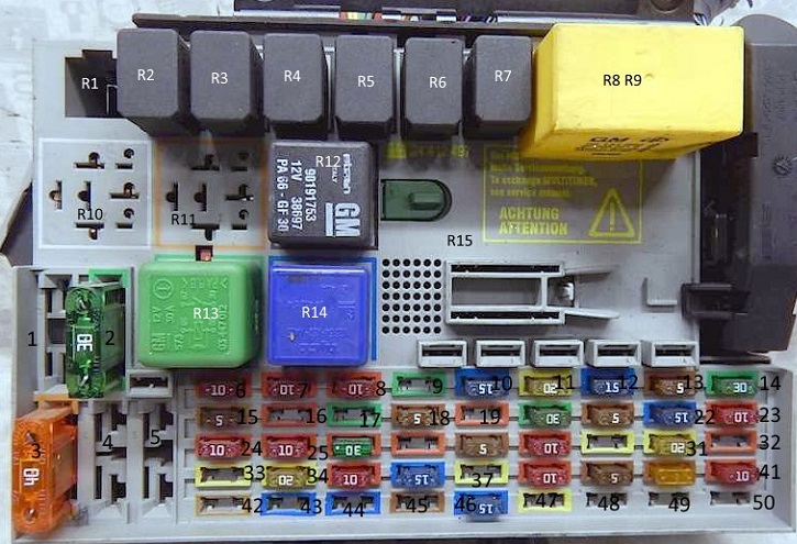 Sicherungsbelegung für Astra G Modelle ab Baujahr 2001.