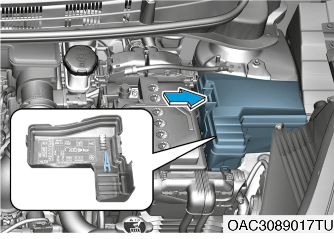 Diagramm des Sicherungskastens im Motorraum des Hyundai i10 III (2020–2021).