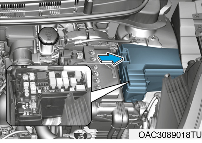 Nahaufnahme der Hochstromsicherungen im Motorraum des Hyundai i10 III.