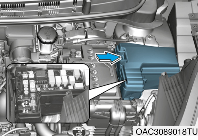 Diagramm des Sicherungskastens und der Relais im Motorraum des Hyundai i10 III.
