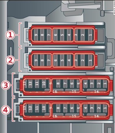 Detailliertes Schema des Sicherungskastens im Fußraum des Fahrzeugs.