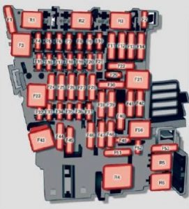 Sicherung des Zigarettenanzünders im Sicherungskasten auf dem Armaturenbrett eines Audi S3 (2016).