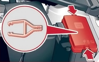 Sicherungskasten im Motorraum hinter der Abdeckung.