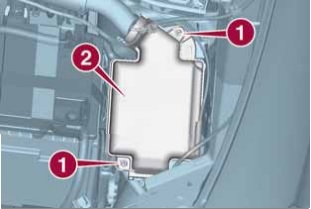 Detailansicht des Sicherungskastens im Motorraum mit Beschriftung der Bauteile.