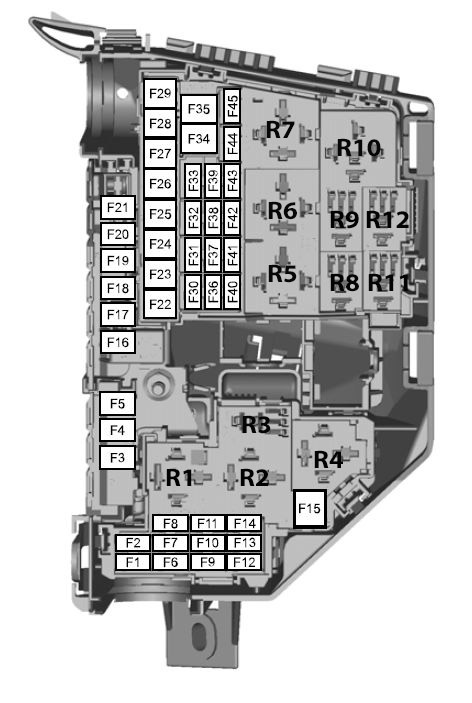 Sicherungsplan des Sicherungskastens im Motorraum des Ford Fiesta (2008-2009).