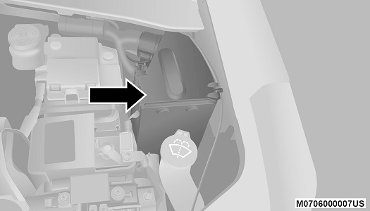 Position des Sicherungskastens im Motorraum, linke Seite, Nahaufnahme.