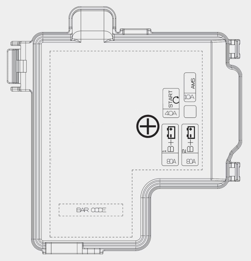 Abdeckung der Batterieklemmen mit Hinweis auf die Außenspiegel-Stromversorgung.