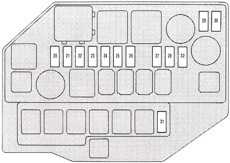 Übersicht des Sicherungskastens im Motorraum des Lexus SC 300.
