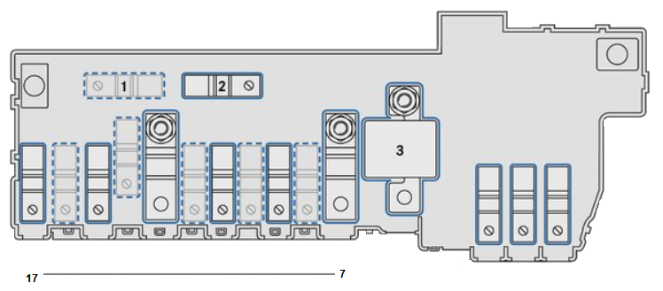 Rückseite des Sicherungskastens S10 mit den Sicherungen A3, A7, A10, A11, A13, A16.