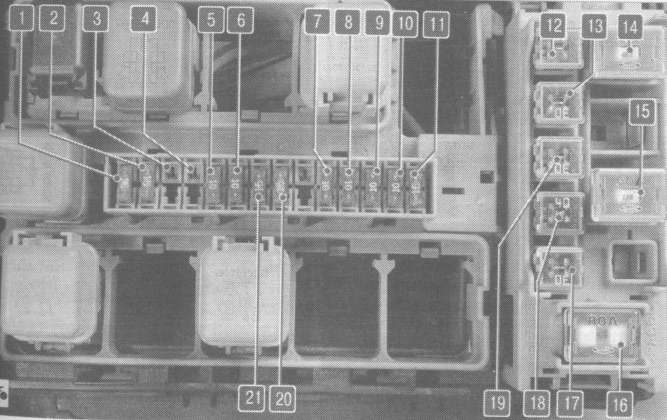 Sicherungskasten im Motorraum mit Schutzabdeckung und Relais-Schema.