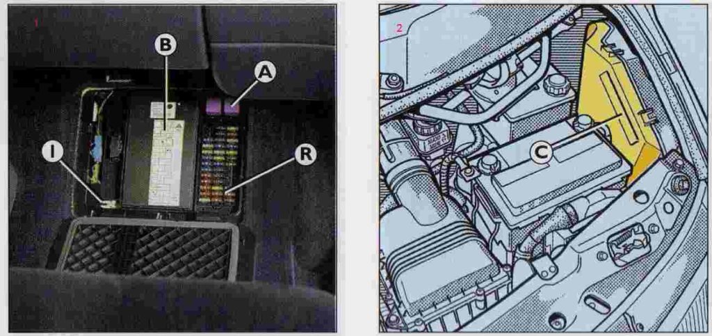 Detaillierter Sicherungsplan für den Renault Espace, zeigt die Positionen der Sicherungen.