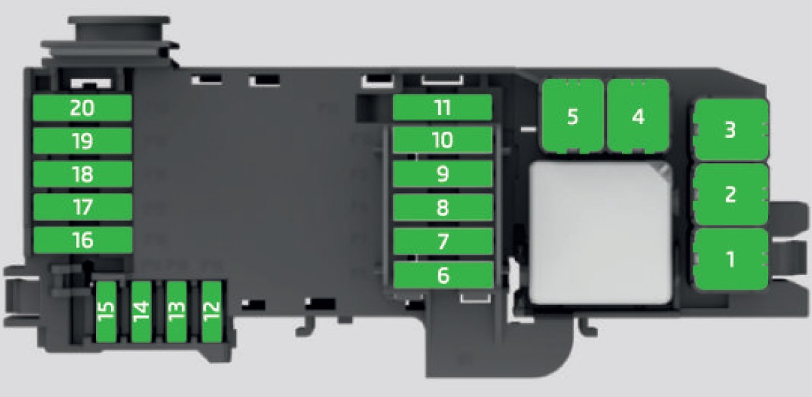 Diagramm des Sicherungskastens im Motorraum des Skoda Fabia, mit Lenkstockhebel-Details.