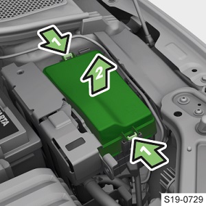 Sicherungskasten im Motorraum eines Fahrzeugs, nicht im Armaturenbrett.