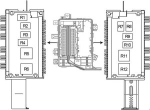 Detailansicht des Sicherungskastens im Motorraum für das sequentielle Kraftstoffeinspritzsystem (2003-2007).