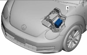 Nahaufnahme des Sicherungskastens im Motorraum neben der Batterie.