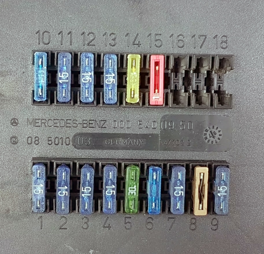 Nahaufnahme der Sicherungen und ihrer Funktionen im Armaturenbrettbereich.